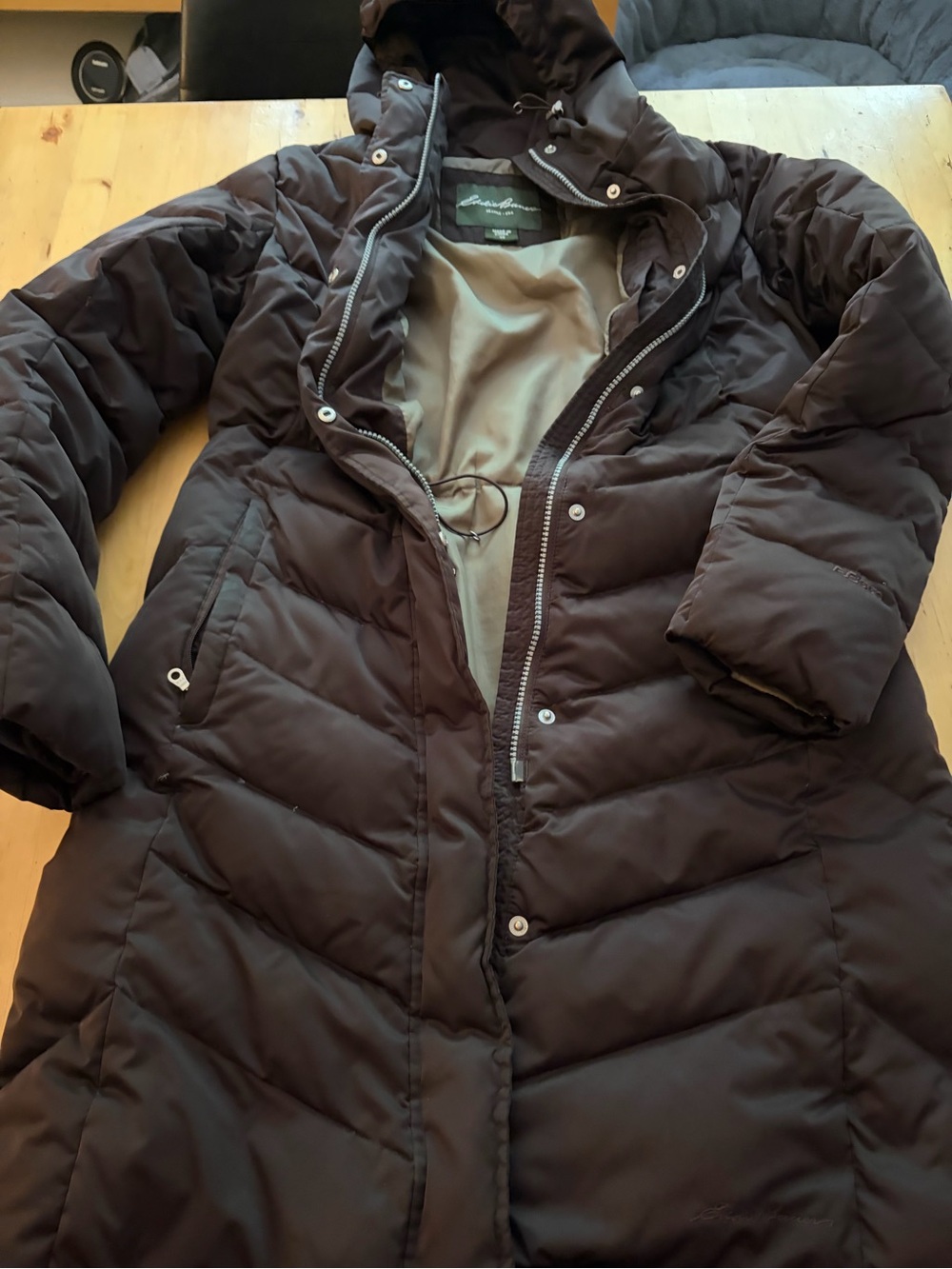 Eddie Bauer Dark Brown Long Puffer Coat with Hood - Picture 2 of 4